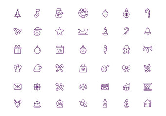 Christmas icon vector set, adjustable line weight, featuring Santa, snowman, Christmas tree, stocking, wreath, festive gifts, decorations, presents, bauble, candy, holiday clipart, seasonal symbols