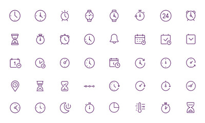 Time Icon Set, Clock, Calendar, Watch, Alarm, Timer, Hourglass, Stopwatch, Reminder, Event Controls, Adjustable Line Weight, Digital, Analog, Smart, Wall, Wristwatch, Schedule, Countdown