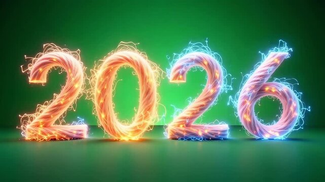 Dynamic glowing numbers 2026 light up with vibrant energy and sparks, signifying future progress and innovation in a celebratory scene.