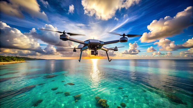Drone Flying Over Tropical Ocean at Sunset with Island Shore.