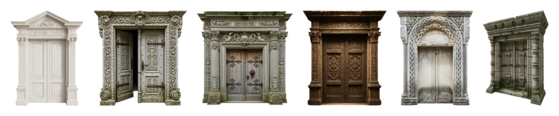 Fototapeta premium Ornate doorway set including classical, gothic, medieval, carved wood, and weathered stone styles isolated. Architectural elements collection.