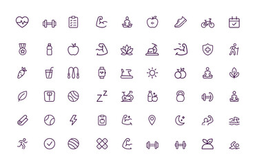 Healthy Lifestyle Vector Icons set, Fitness, Wellness, Nutrition, Exercise, Meditation, Gym, Heart Rate, Sports, Activity, Sleep, Adjustable Line Weight, Energy, Vitality, vector illustration, yoga