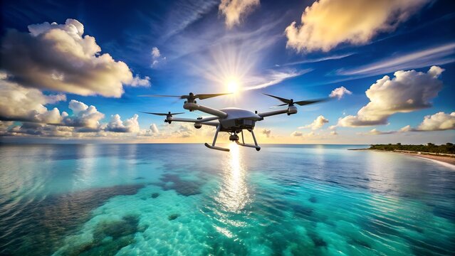 Drone flying over turquoise ocean at sunset with sunburst. - Powered by Adobe