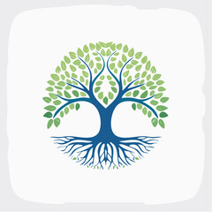 Obraz premium A symmetrical, vibrant tree emblem with roots, branches, and verdant foliage on white