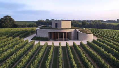 Modern winery architecture amidst green vineyards under clear blue sky. Stone design with contemporary curves in serene rural landscape. Aerial view highlights symmetry vibrant greenery and innovation