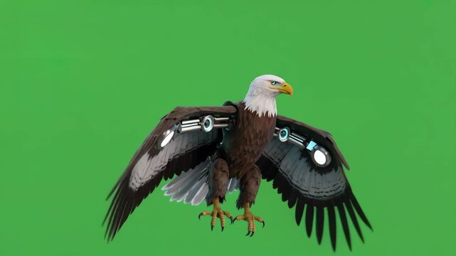 Futuristic robotic eagle flapping wings on green screen, cybernetic bald eagle with mechanical body parts animation