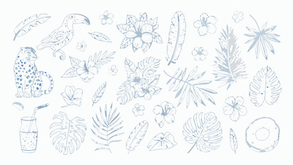 Tropical jungle elements hand drawn sketch style blue and white