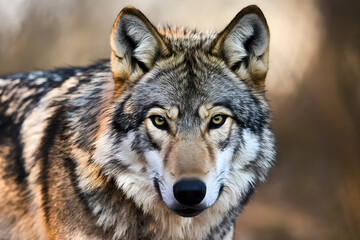 This close-up image captures the intense gaze of a gray wolf. AI Generated