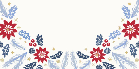 Festive christmas floral border with poinsettias and pine branches