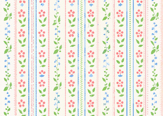 Charming watercolor floral stripe pattern with pink flowers and blue forget me nots