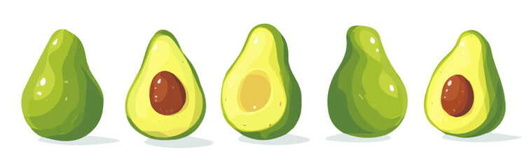 Set of flat vector icons of avocados. Minimalist 2D illustration, clean modern design, isolated on transparent background, perfect for digital