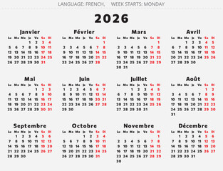 2026 french calendar. Vector year illustration for France black and red colors