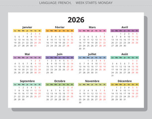 2026 french modern calendar. Vector illustration for France color months in year - calendrier francais