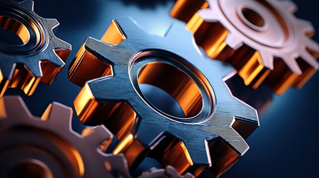 Metallic gold silver floating gear abstract mechanical design, deep blue gradient background with atmospheric lighting