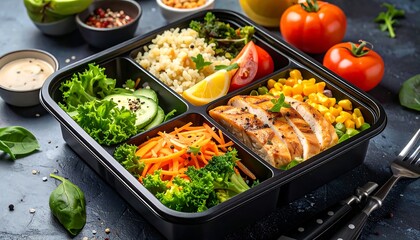 Bento box meal grilled chicken, corn, rice, greens, carrots, tomato, sauce, and lemons