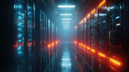Futuristic data center corridor with glowing neon lights and rows of server racks, abstract technology background symbolizing cloud, network and security