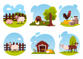 Collection of cute farm animals and barns in a cartoon style