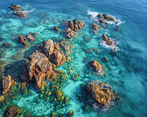Obraz premium Aerial view of rocky formations in clear turquoise waters, showcasing vibrant marine life and coral reefs.