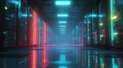 Futuristic data center corridor with glowing neon lights and rows of server racks, abstract technology background symbolizing cloud, network and security