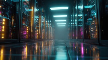 Futuristic data center corridor with glowing neon lights and rows of server racks, abstract technology background symbolizing cloud, network and security