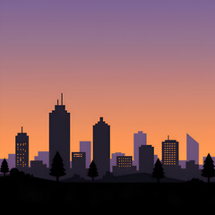 Naklejka premium Silhouette of Modern City Skyline at Sunset with Tall Buildings and Pine Trees