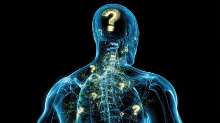 Futuristic digital human figure with glowing question marks inside abstract network structure, concept of artificial intelligence, uncertainty and knowledge
