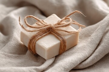 Natural handmade soap bar wrapped with twine on soft fabric. Eco-friendly skincare product with rustic aesthetic, concept of zero waste, wellness and sustainable beauty