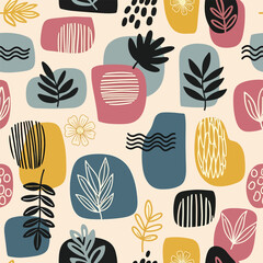 Abstract botanical pattern featuring leaves and geometric shapes in muted tones, seamless pattern, royalty free stock.