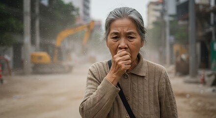 Elderly Woman Coughing in Dusty Construction Zone