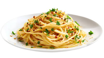 A classic and simple Italian dish of Spaghetti Aglio e Olio, tossed with saut&eacute;ed garlic, olive oil, chili flakes, and fresh parsley. Isolated shot.