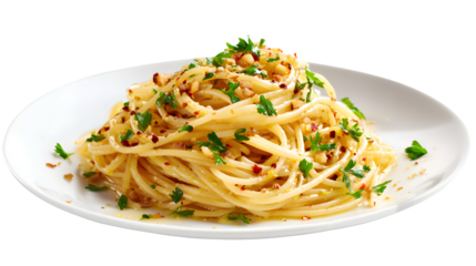 A classic and simple Italian dish of Spaghetti Aglio e Olio, tossed with sautéed garlic, olive oil, chili flakes, and fresh parsley. Isolated shot.