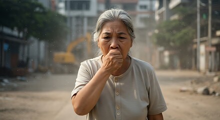 Fototapeta premium Elderly Woman Coughing in Dusty Urban Environment