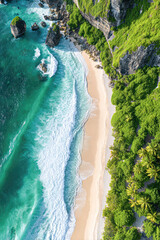 A stunning aerial view of a pristine beach with turquoise waters, lush greenery, and rocky formations, showcasing nature's beauty and tranquility.