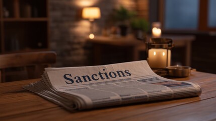Close-up of Newspaper with Headline on Sanctions at a Cozy Indoor Setting