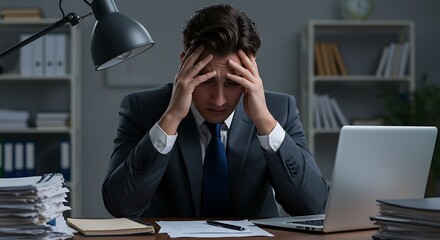 Overwhelmed Businessman at Desk in Dark Office