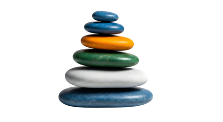 Zen stone stack isolated on transparent background, symbolizing balance and harmony, a peaceful arrangement of colorful rocks in a meditative composition