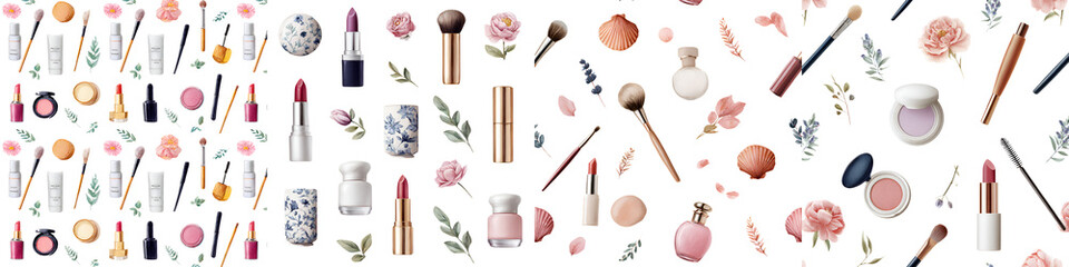 Elegant Beauty & Cosmetic Product Pattern: Makeup Essentials on White Background