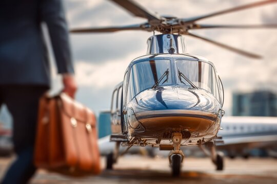 A businessman with a leather briefcase is walking toward a luxury helicopter, preparing for a private flight on the airfield, with a corporate jet in the background. - Powered by Adobe