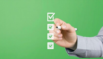 Hand with a marker checks a virtual checklist, with boxes and checks against a solid green background