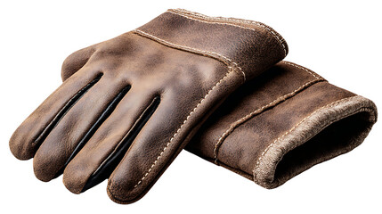 A pair of brown leather gloves with white stitching on a white background