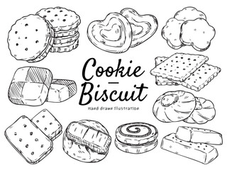 Set of hand drawn cookie and biscuit outline drawing illustration