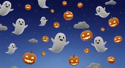 Cute Halloween Ghosts and Pumpkins Flying in a Starry Night Sky.
