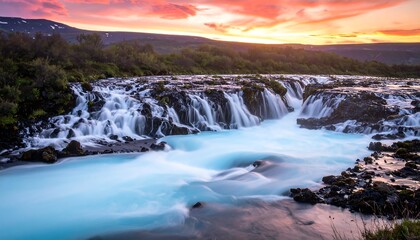Fototapeta premium A breathtaking cascade of turquoise water tumbles over dark volcanic rocks at sunset, painting the sky in fiery hues.