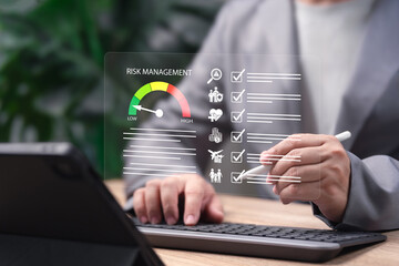 Risk Management Concept, Businessman Reviewing Checklist of Potential Risk,Financial, Business Operations,Health, Family Protection,Strategic Planning, Secure Decision Making, Corporate Responsibility