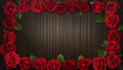 A captivating arrangement of vibrant red roses forms a frame around a dark wooden background, exuding elegance and romance.