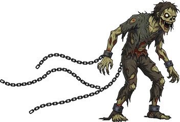 Scary zombie chained and shackled with broken chains, terrifying undead creature in tattered clothes, horror Halloween character with rotting flesh