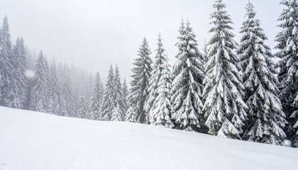 Obraz premium Misty winter forest snow view. Snow pine trees on hillside. Winter slope covered in snow. Foggy cold pine forest scene. Snow landscape in mountain forest. Winter wonderland misty woods 