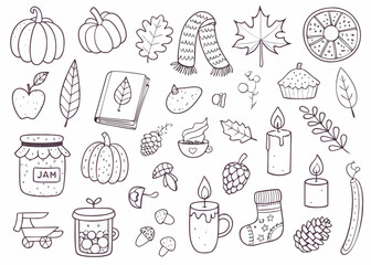 Cozy autumn and winter doodles collection with pumpkins and scarves