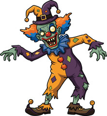 Scary zombie clown in purple and orange costume, creepy undead jester, Halloween horror character, spooky clown with green skin
