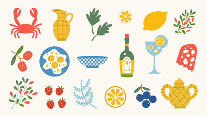 Collection of stylized food and drink illustrations in a flat design style